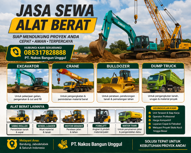 jasa cut and fill, sewa alat berat excavator crane bulldozer. PT. Nakos Bangun Unggul