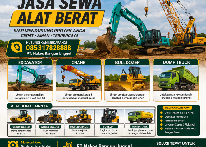 jasa cut and fill, sewa alat berat excavator crane bulldozer. PT. Nakos Bangun Unggul