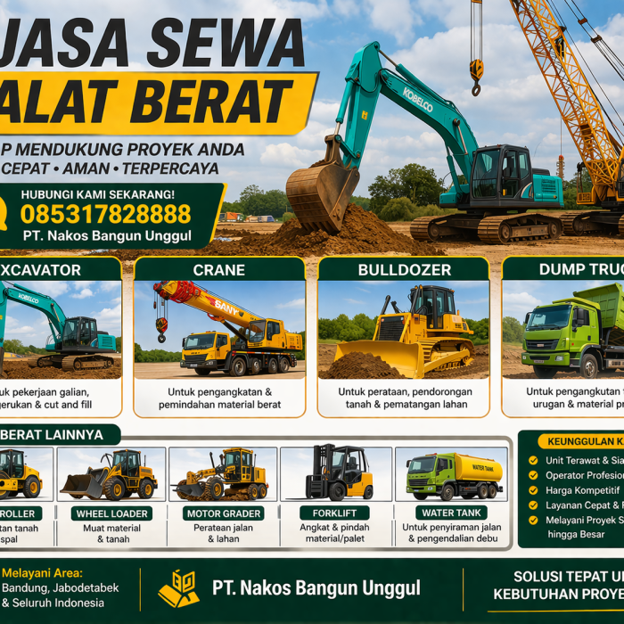 jasa cut and fill, sewa alat berat excavator crane bulldozer. PT. Nakos Bangun Unggul